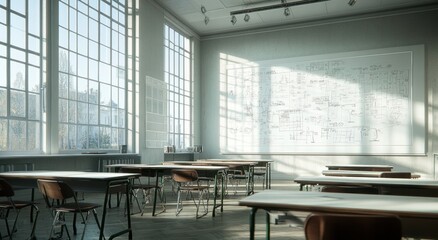 Aufkleber - Sunlit classroom with desks, chairs, whiteboard, and large windows.