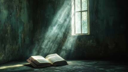 Poster - Open book, sunlit room, aged walls, mystical scene.