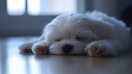 Wall Mural - Adorable white puppy sleeping peacefully on hardwood floor. (1)