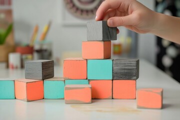 Poster - Child's hand placing a grey block onto a colorful wooden block tower.