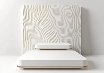 Leinwandbilder - Minimalist white podium with gold accents against a wavy wall backdrop.
