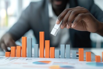 Fototapete - Close-up of a hand placing a data storage device onto a bar graph, symbolizing data analysis and growth.