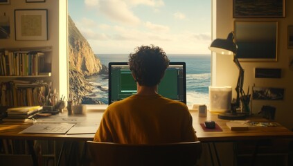 Leinwandbilder - Person working at computer overlooking ocean view.