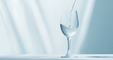 Poster - Water pouring into a wine glass on a white background with light rays.