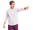 © Krakenimages.com - Young handsome man wearing business clothes and glasses pointing with finger surprised ahead, open mouth amazed expression, something on the front