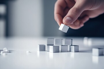 Poster - Hand placing a silver cube onto a cluster of similar cubes on a white surface.