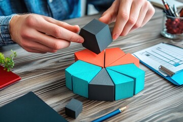 Poster - Hands building a 3D pie chart from blocks on a wooden desk.