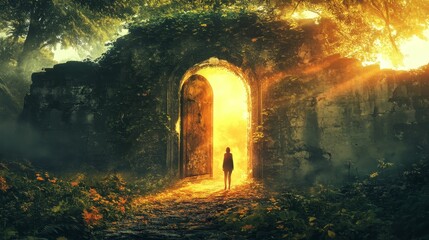 Poster - Forest path leads to glowing archway; person waits.