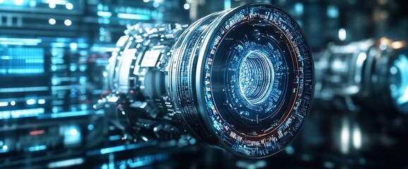 Poster - A futuristic camera lens with intricate circuitry and digital elements.