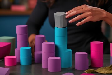 Poster - Close-up of hands building a tower with colorful blocks.