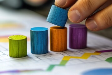 Poster - Hand placing wooden block on colorful graph.