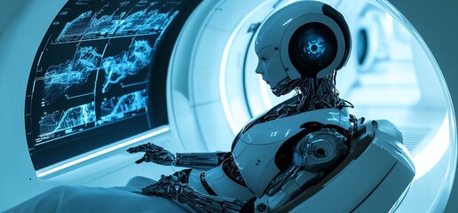 Poster - A humanoid robot interacts with a digital interface in a futuristic setting.
