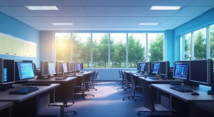 Leinwandbilder - Sunlit computer lab with rows of desktops and large windows overlooking trees.