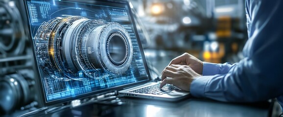 Poster - A person working on a laptop displaying a turbine engine design.
