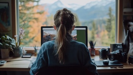 Leinwandbilder - Woman working from home, facing a scenic view.