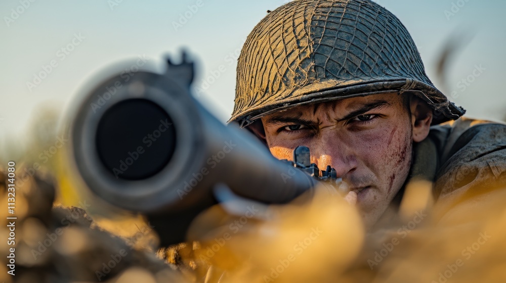 World War II Soldier Aiming Rifle Trench Warfare Battlefield Stock ...