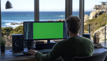 Poster - Man working from home with ocean view, green screen on computer.