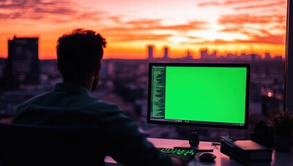 Aufkleber - Man working on computer with green screen, sunset city view.