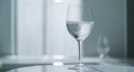Poster - Sparkling water pouring into a wine glass on a table.