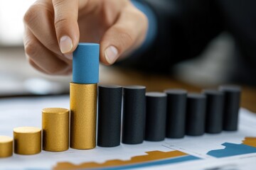 Fototapete - Hand placing blue block on rising gold and black bar graph.