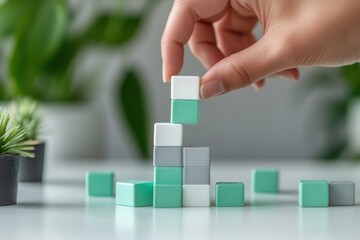 Poster - Hand placing cube on growing stack of colorful blocks.