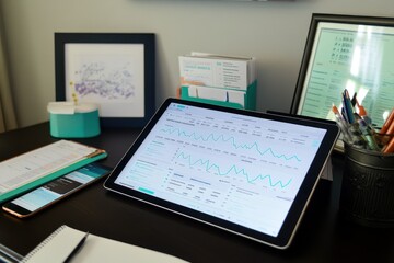 Poster - Tablet displaying data graphs on a desk with stationery.