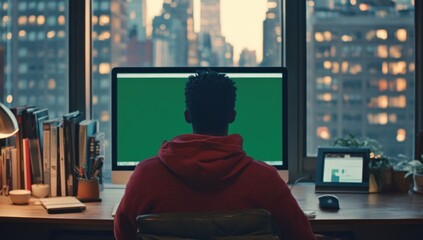 Aufkleber - Man works at home office, city view.