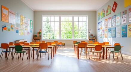 Leinwandbilder - Sunny classroom with colorful desks and educational posters.