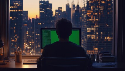 Aufkleber - Man coding at computer, city view.