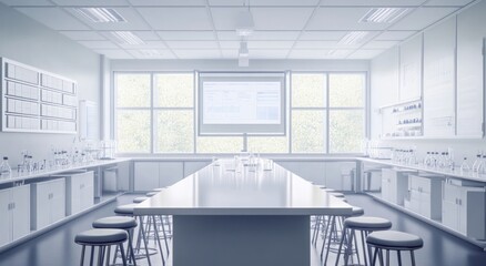 Poster - Modern, bright science lab with long central table, stools, equipment, and large windows.