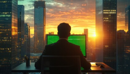 Aufkleber - Man in suit works at computer overlooking cityscape sunset.