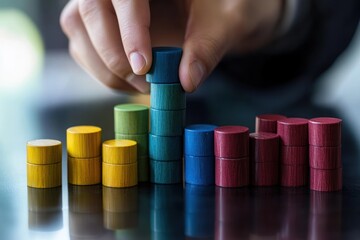 Poster - Hand placing wooden block on top of a growing stack of colorful blocks, representing growth, progress, or success.