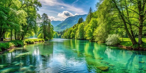 Wall Mural - Beautiful Swiss river bank with lush green trees and crystal clear water, Switzerland, river, bank, scenery, beauty