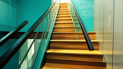 Wall Mural - Modern glass staircase with teal wall and wooden steps. Animation video Generated AI
