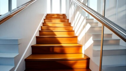 Wall Mural - Modern interior staircase design with half white and half wood steps. Animation video Generated AI