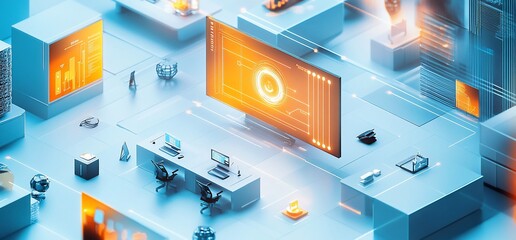 Poster - A futuristic workspace with digital displays and data visualization elements.