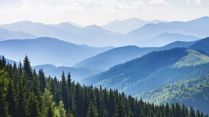  Serene Mountain Range with Misty Blue Hues. Majestic Peaks and Lush Forests. A Breathtaking Landscape Painting.