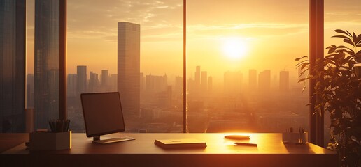 Wall Mural - A serene office view at sunset, showcasing a modern workspace and city skyline.