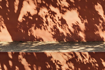 Wall Mural - tree shadow. terracotta red brown beige orange house wall and sidewalk. exterior street outdoor. bac