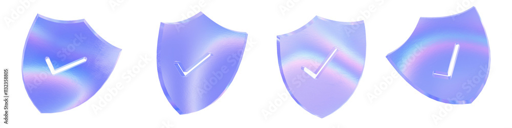 Set of 4 3d glass checkmark in a shield shape with aberration effect ...