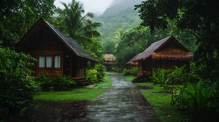 Wall Mural - Eco Friendly Tropical Rainforest Resort with Bamboo Huts and Lush Greenery Surrounded by Natural Beauty and Rejuvenating Rain Showers