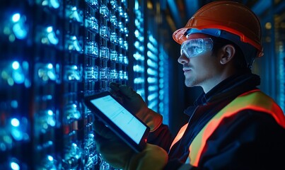Poster - Technician monitoring data servers in a high-tech facility.
