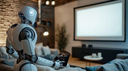 Wall Mural - A humanoid robot setting up a home movie projector and screen in a cozy family room, focusing on the setup and clean surroundings, Tech-savvy style