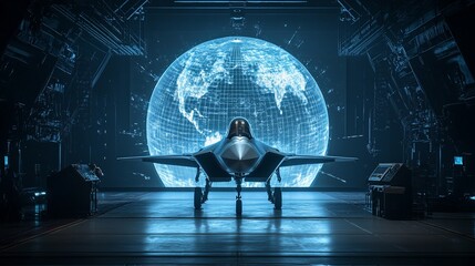 Poster - A futuristic aircraft in a high-tech hangar with a digital globe backdrop.