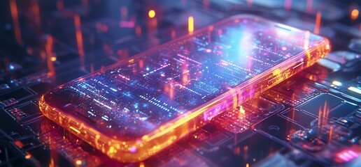 Poster - A futuristic smartphone embedded in a digital circuit environment.