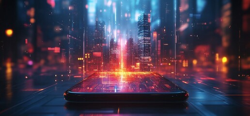 Poster - A futuristic smartphone with a digital cityscape reflecting on its screen.