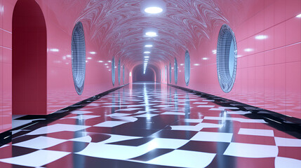 Wall Mural - Pink Corridor With Checkered Floor And Arched Windows