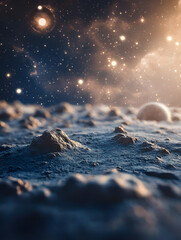 Wall Mural - rocky surface of an alien planet with blurred stars and planets in the background