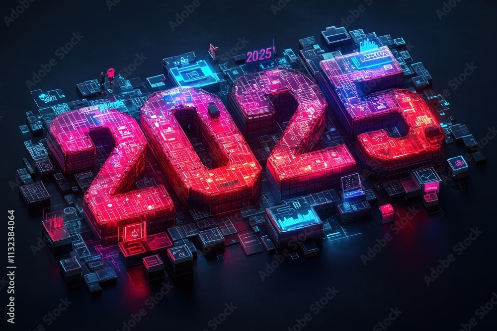 2025 Futuristic Digital Year Technology Abstract Neon Cyberpunk Circuit ...