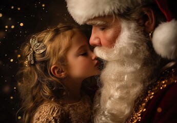 Wall Mural - A little girl whispering in Santa Claus's ear, showing off the wish list